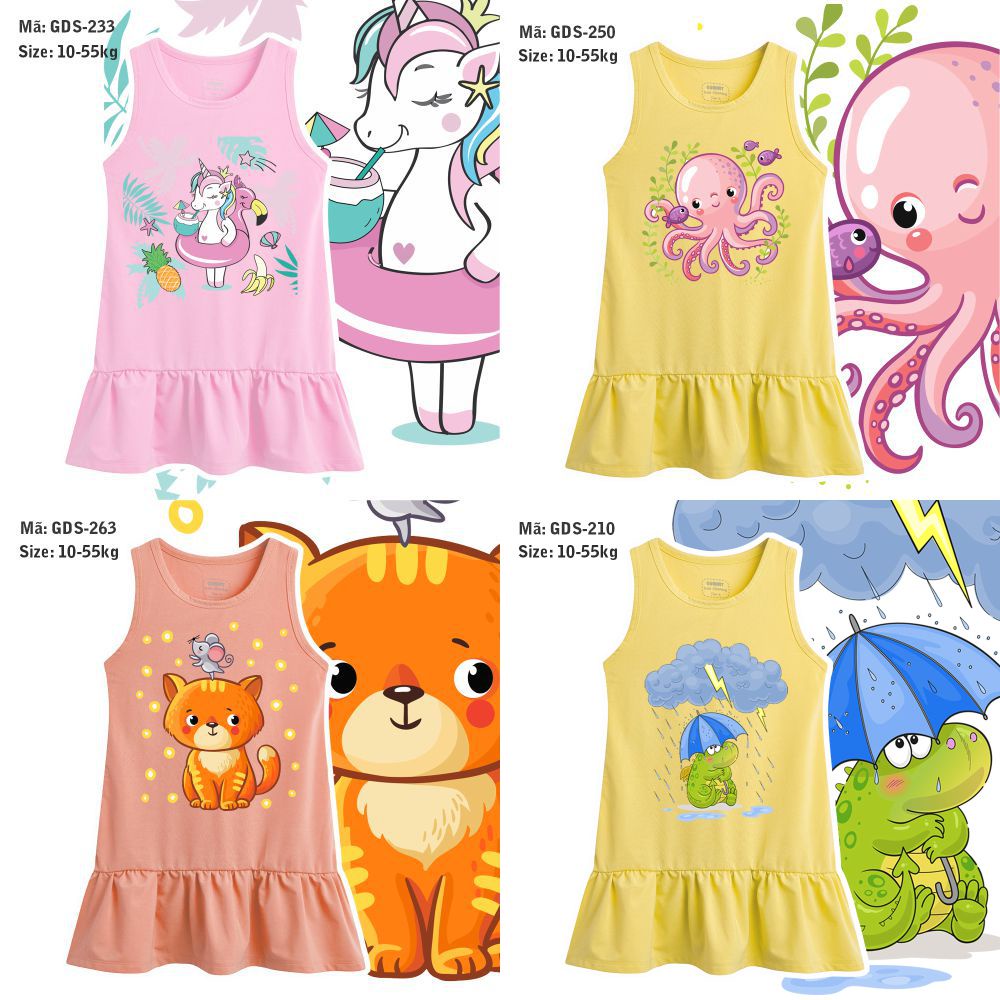 Đầm thun bé gái size nhỏ, trung, đại 11-55kg, giao mẫu ngẫu nhiên