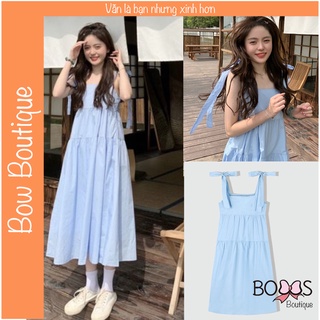 Váy Đầm Nữ 2 Dây Bản To Buộc Nơ 3 Tầng, Váy Nữ Babydoll Trơn Dáng Dài 2 Màu [VDT]