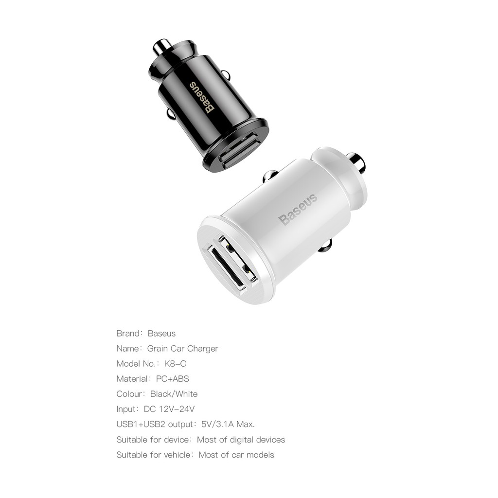 Tẩu Sạc BASEUS C8-K 2 Cổng 5V-3.1A GRAIN MINI