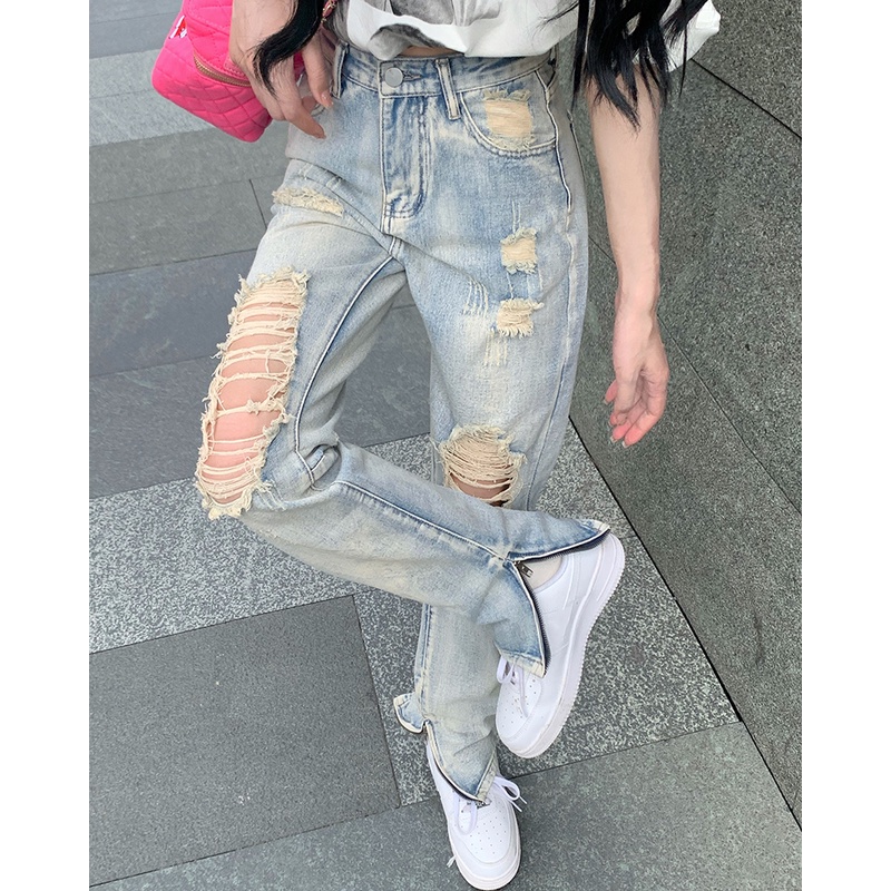Quần Jean Nữ Lưng Cao Ống Đứng Rách Gối Phong Cách Đường Phố