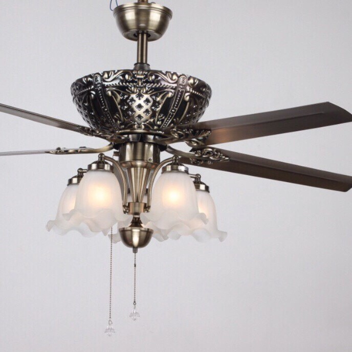 Quạt Trần Đèn 5 Cánh Màu Đồng Phong Cách Cổ Điển, Quạt Trần Điều Khiển Từ Xa, Bảo Hành 5 Năm