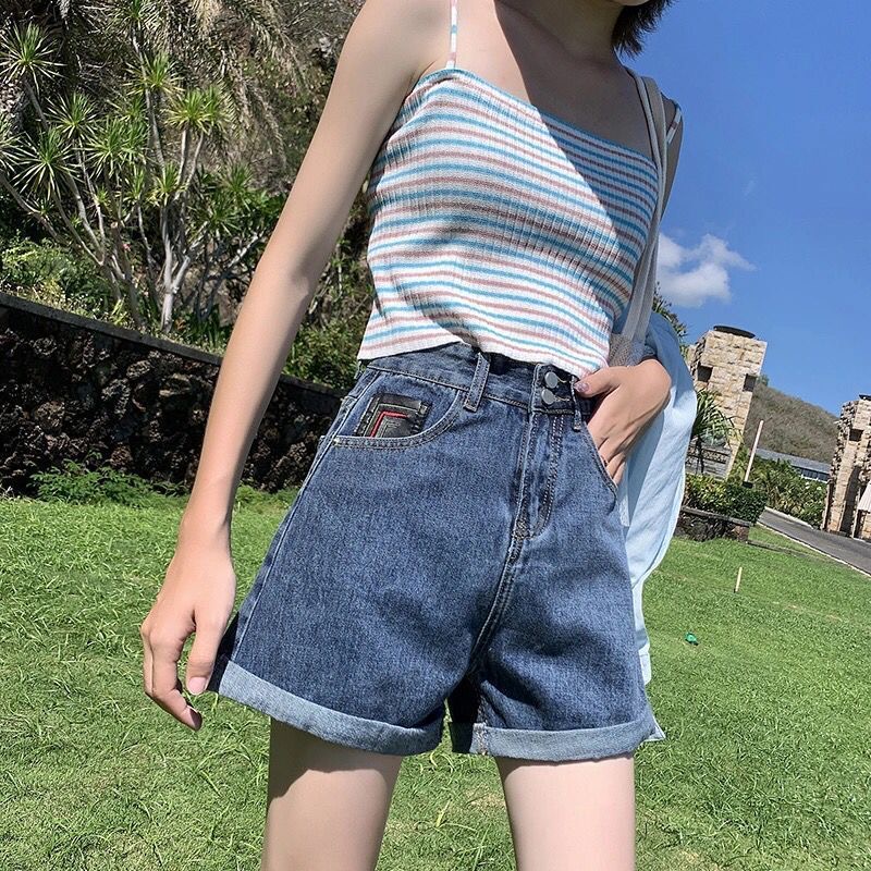 Quần Short Denim Lưng Cao Ống Rộng Phong Cách Retro Hàn Quốc Cho Nữ