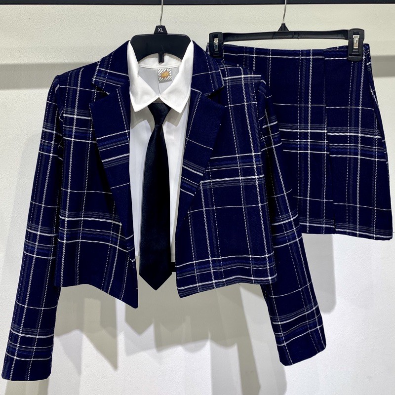 SET áo khoác vest nữ (blazer) croptop sọc caro xanh dương - áo vest blazer nữ phối váy xẻ đùi Dalla Saigon | BigBuy360 - bigbuy360.vn