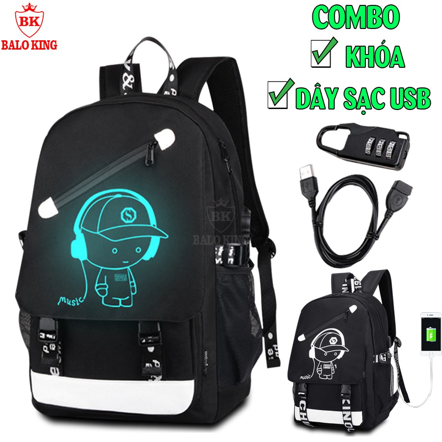 Combo balo phát sáng dạ quang Baloking cao cấp in hình BoyMusic + Dây cáp sạc USB xịn + Khóa số thông minh hàng HOT