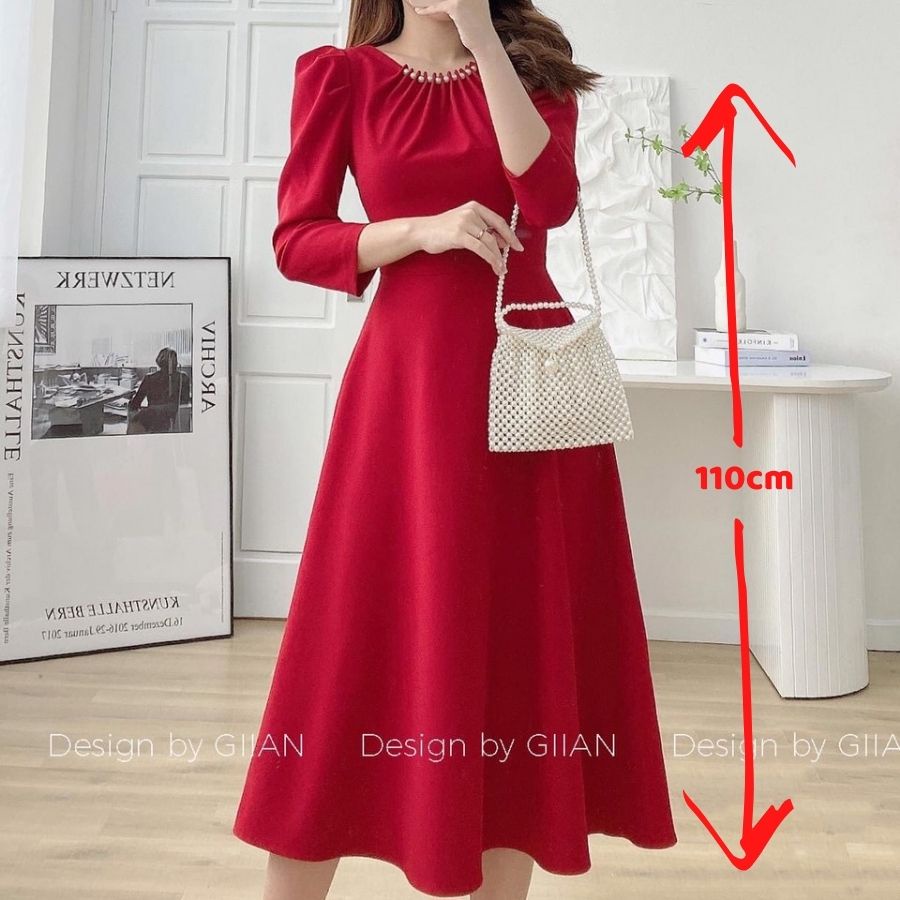 Váy đỏ đầm xòe dự tiệc đỏ xinh mặc Tết N130 thiết kế cổ V tay cánh dơi mới lạ cá tính ấn tượng mạnh mẽ khi đi tiệc