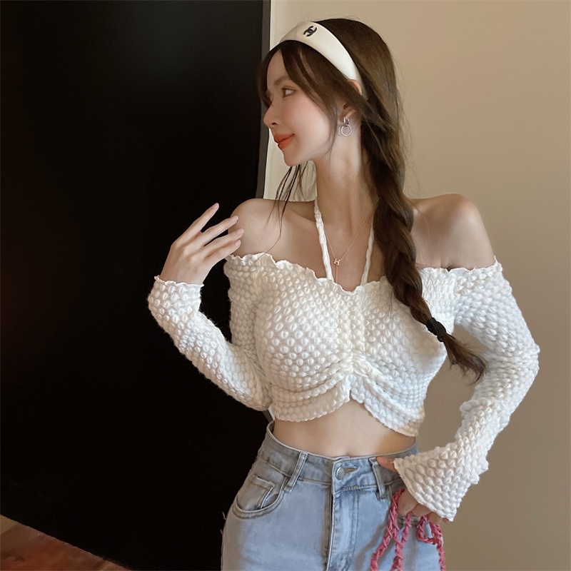 Áo kiểu croptop IHKKE hở vai thiết kế kiểu dây rút co giãn quyến rũ thời trang dành cho nữ