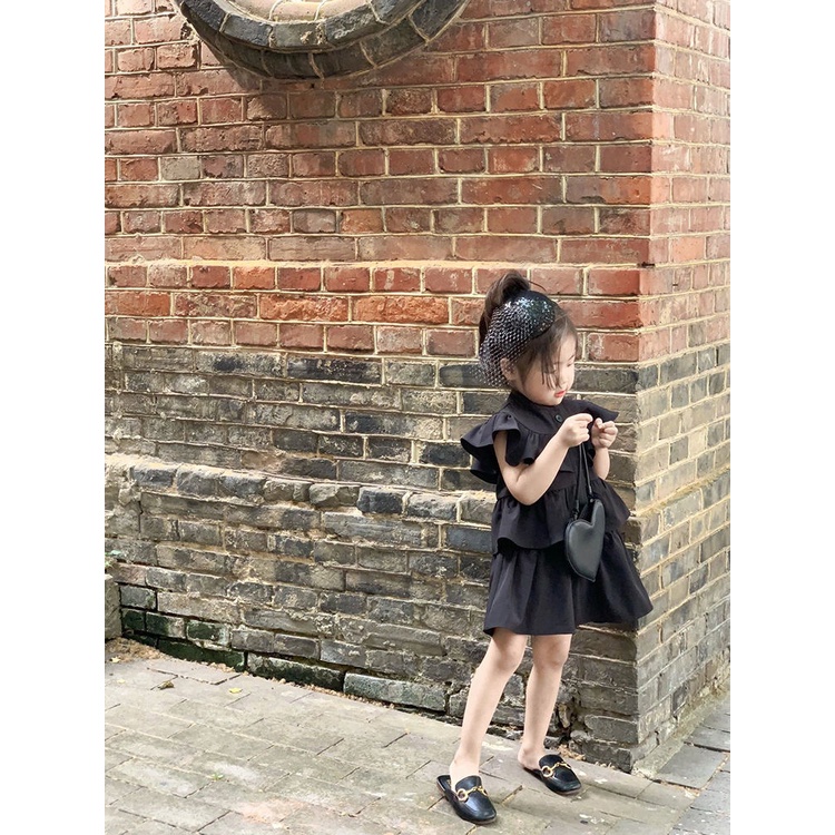 Đầm Ngắn Tay Màu Đen Phối Bèo Phong Cách Hàn Quốc Thời Trang Mùa Hè Cho Bé Gái 5 Tuổi