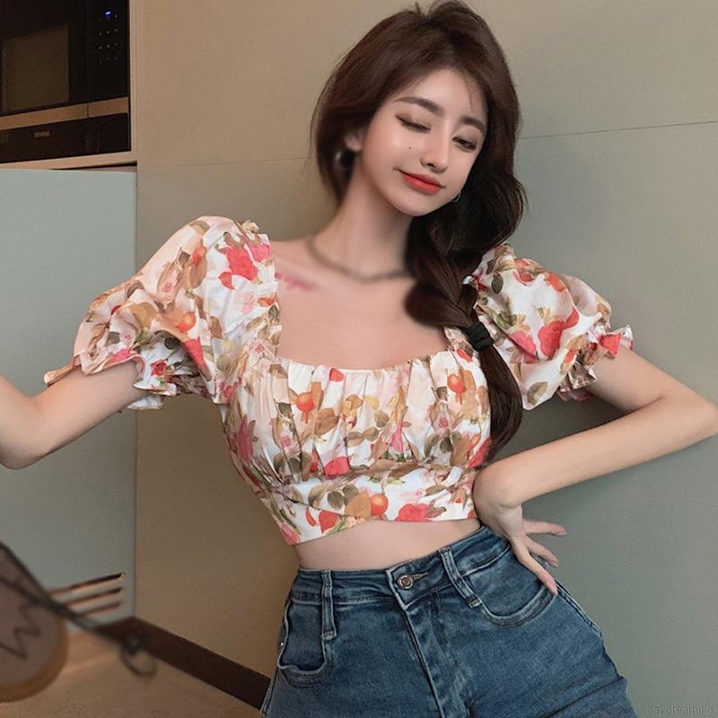 Áo croptop cổ vuông ngắn tay in hoa gợi cảm cho nữ
