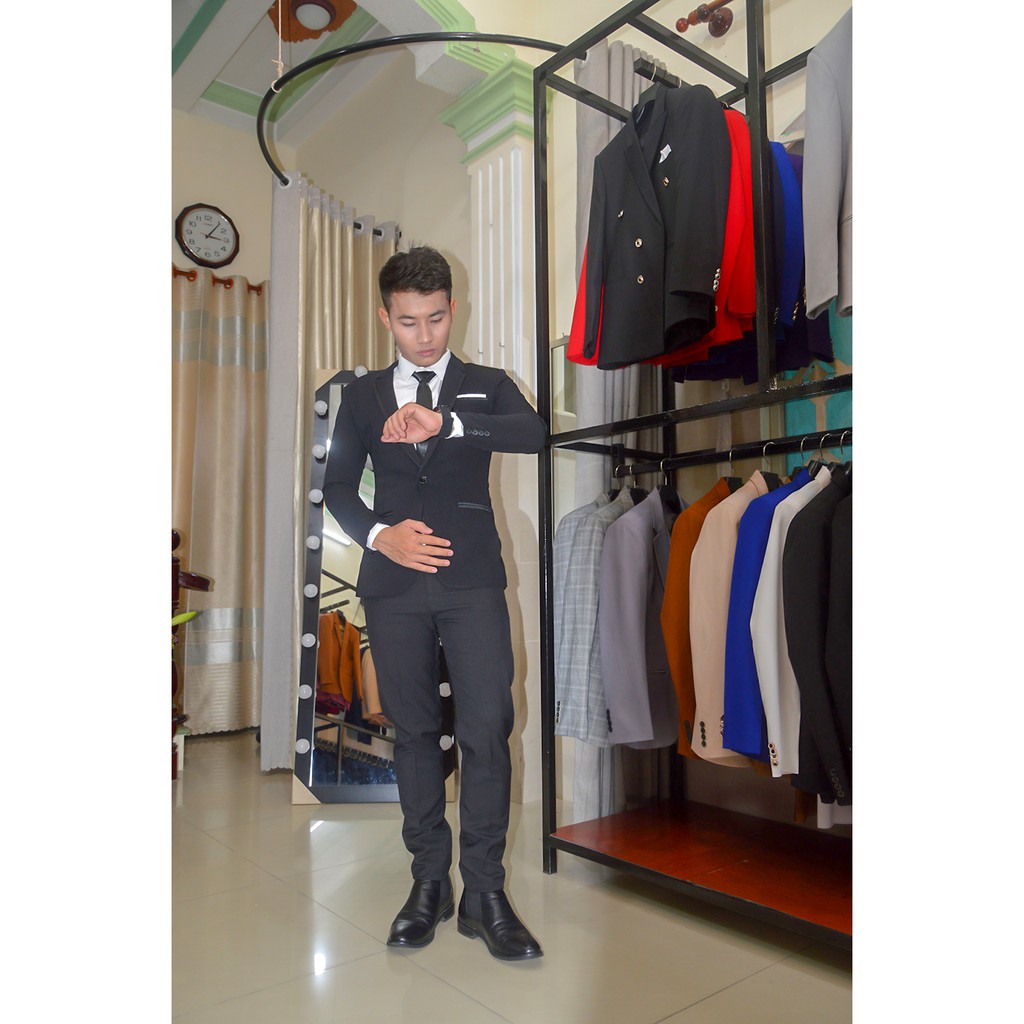 Bộ vest nam ôm body màu đen viền đen + phụ kiện