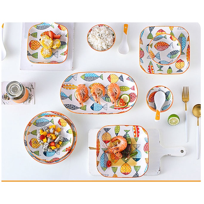 Bộ set chén dĩa bát đĩa gốm sứ decor cao cấp Hình Con Cá đáng yêu