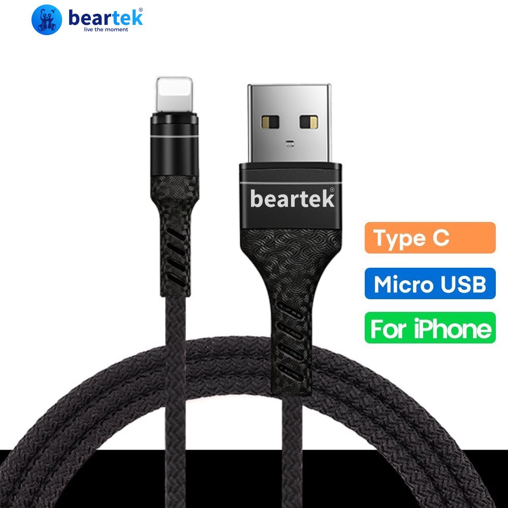 Dây Cáp Sạc Nhanh Beartek Bện Dây Nylon Cổng USB Type C Lightning Cho iPhone Android - Bảo Hành 1 Đổi 1