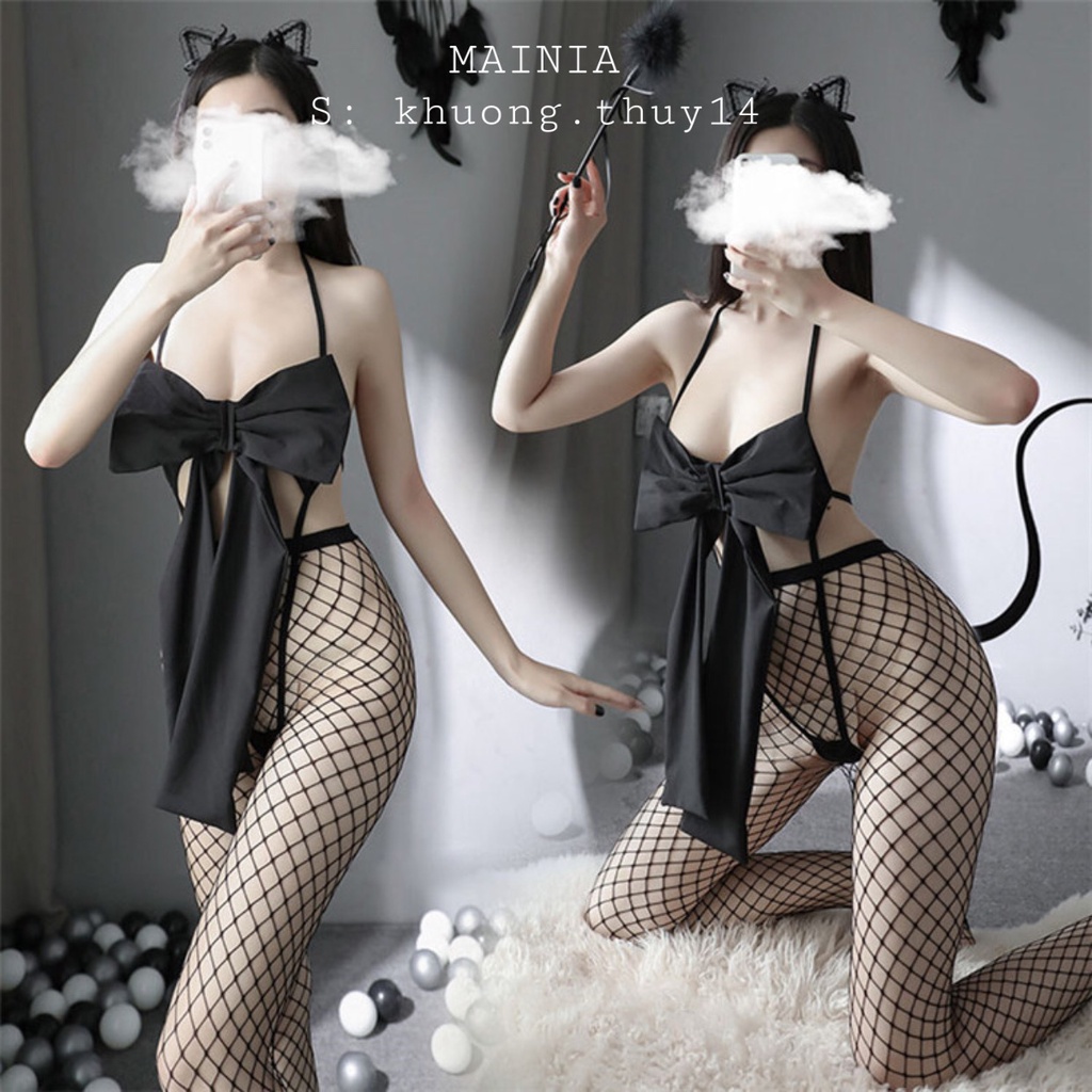 [Có Bigsize] Bộ Đồ Ngủ Liền Thân Đính Nơ Ngực Bản To Siêu Sexy Gợi Cảm Mainia Shop 929