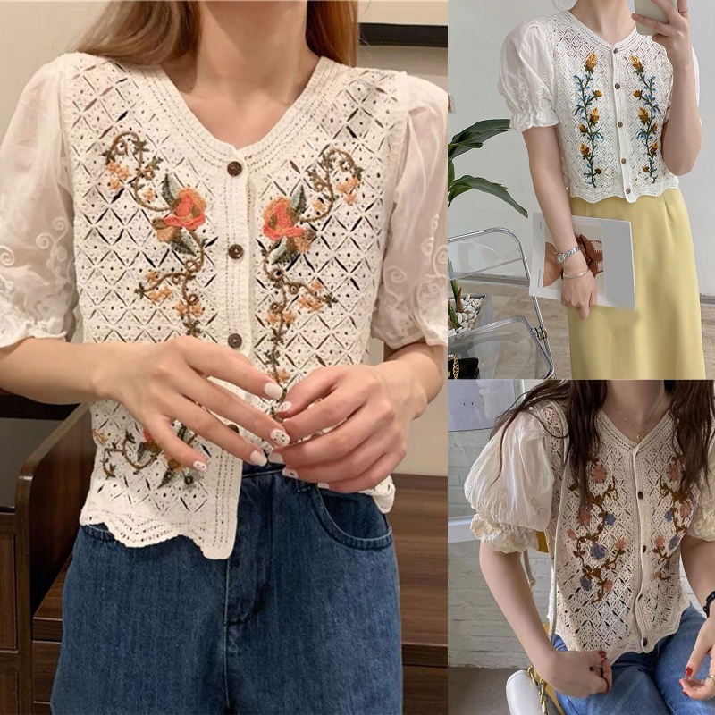 Áo Lửng Chiffon Tay Ngắn Cổ V Phối Ren Họa Tiết Hoa Thời Trang Cho Nữ