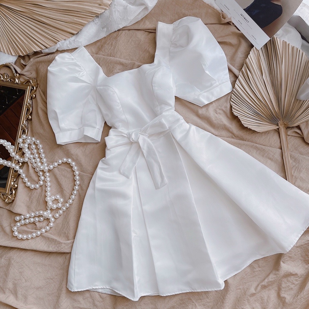 Đầm váy nữ dự tiệc dáng xòe babydoll trắng cổ vuông tay phồng thắt nơ sau duyên dáng tiểu thư xinh đẹp QD Fashion DT021