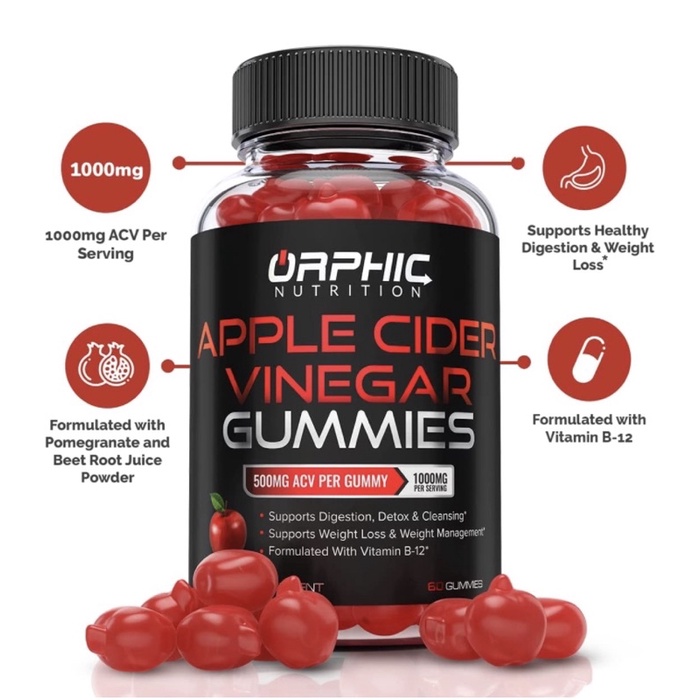 Kẹo dẻo giấm táo hỗ trợ giảm cân, gút, detox và thanh lọc cơ thể Orphic Nutrition 60 viên USA