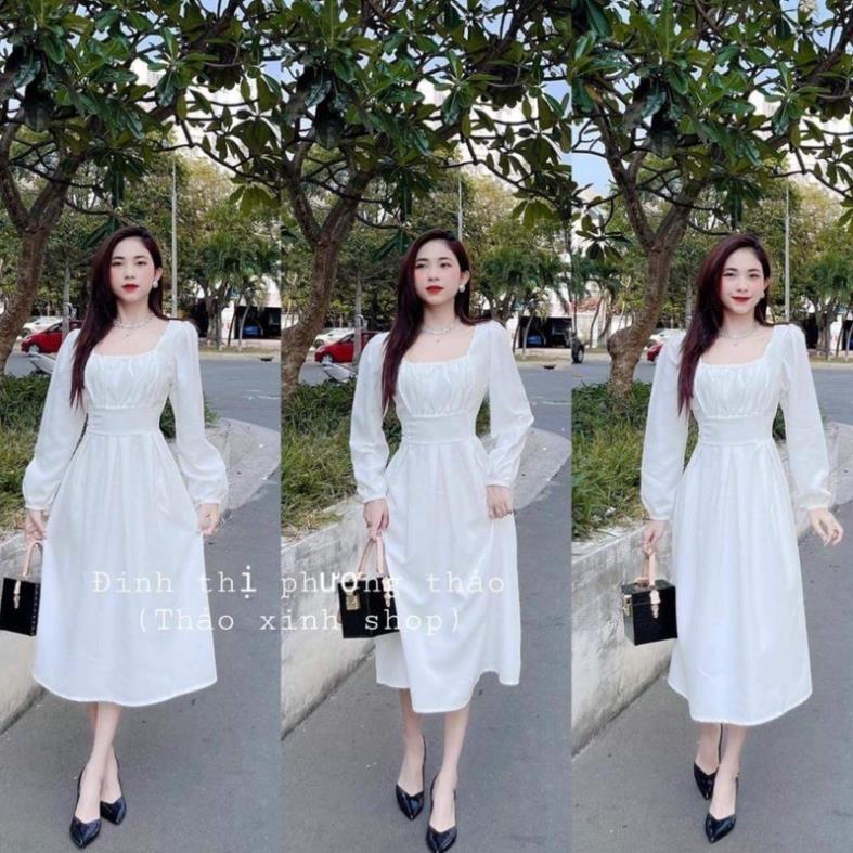 Đầm Nữ Trắng Cổ Vuông Nơ Lưng Dáng Dài ,Váy Nữ Dài Tay Eo Chun Q057