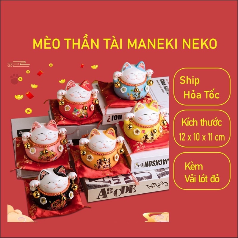 Mèo thần tài Maneki Neko. Gồm hộp + vải lót đỏ như hình.