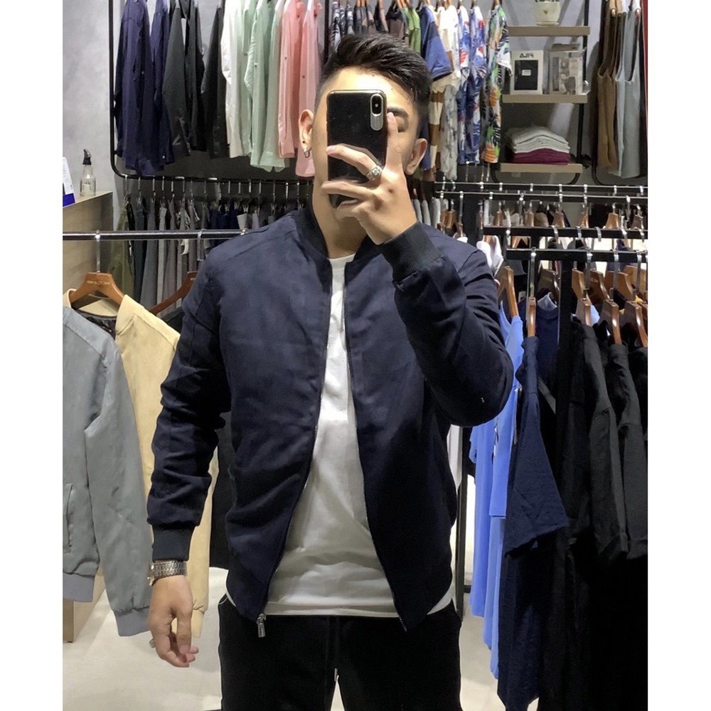 Áo khoác da lộn nam dáng bomber cổ tàu lót lụa cao cấp Micado
