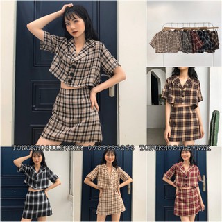 SET KẺ CARO ÁO VEST CROPTOP MIX CHÂN VÁY CARO QUẢNG CHÂU - Sp hot