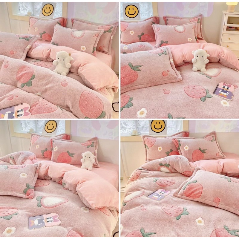 Bộ Chăn Ga Gối Nỉ Sữa 4D Mẫu Mã Đa Dạng Phong Cách Hàn Quốc , set chăn ga