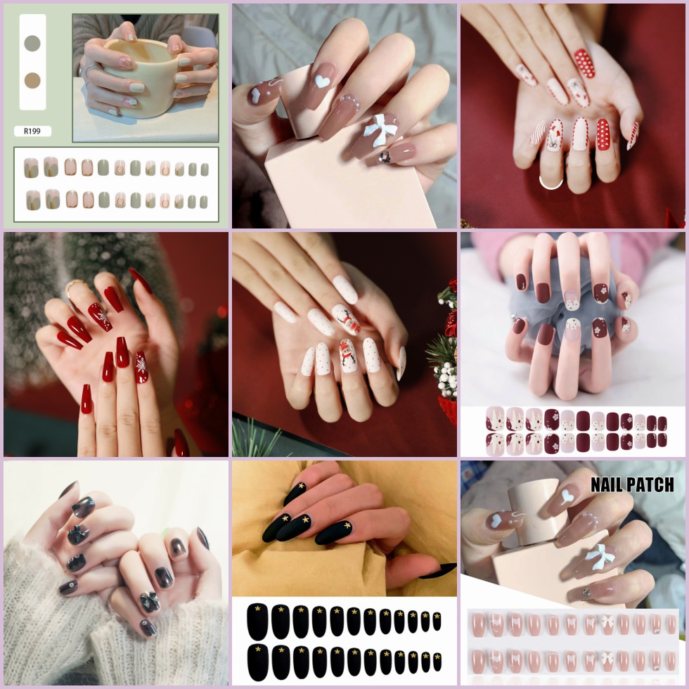 Bộ 24 Móng Tay Giả Bằng Acrylic Chống Thấm Nước Kèm Keo/Nơ Đính Đá y326