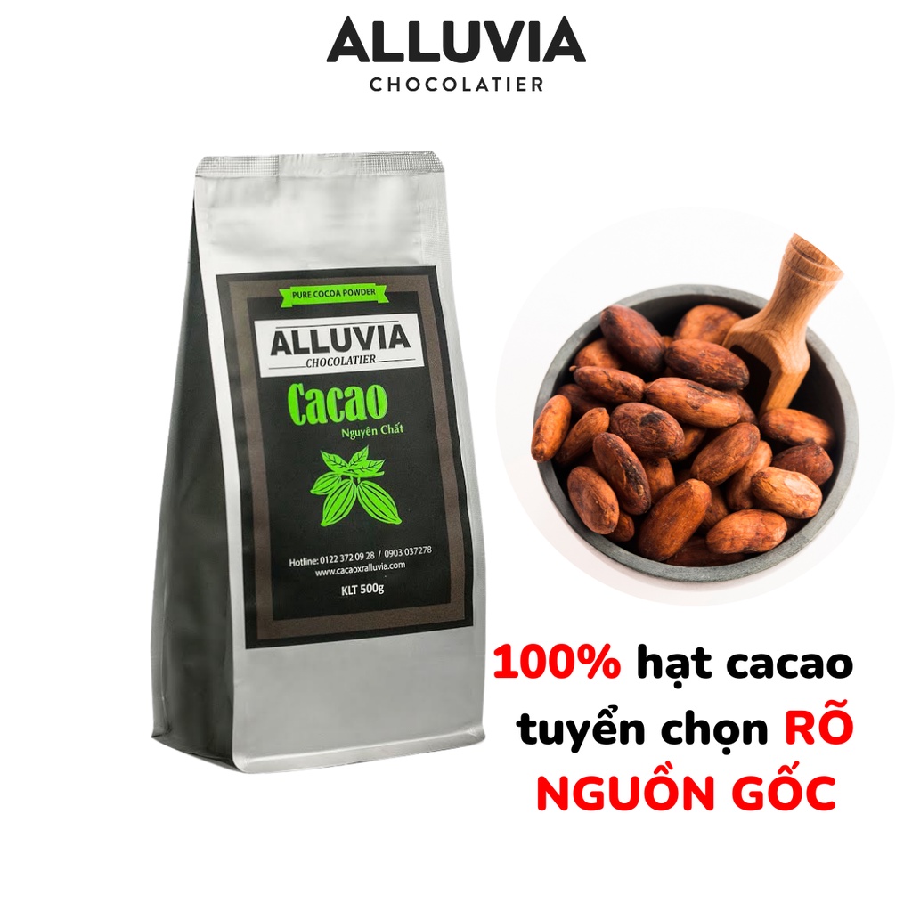 Bột ca cao nguyên chất không đường 100% Alluvia gói lớn 500 gram Dòng thượng hạng 20% bơ cacao tự nhiên