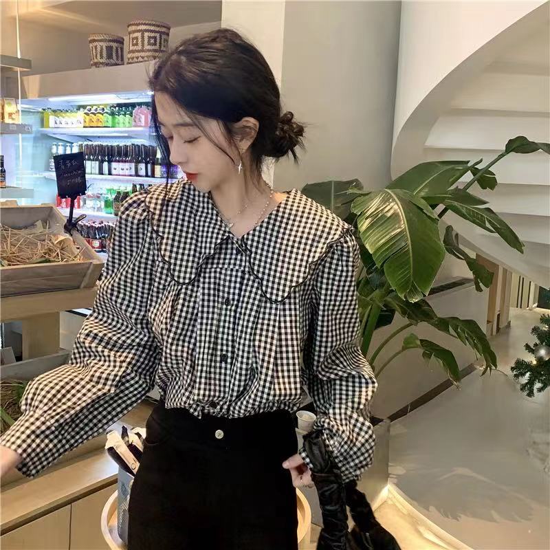 Áo sơ mi tay dài cổ búp bê họa tiết kẻ sọc phong cách retro đáng yêu cho nữ