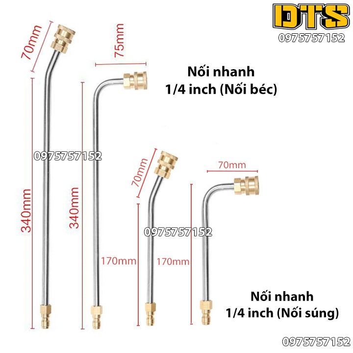 Ống nối dài uốn cong 30° 90° nối nhanh béc phun gắn súng xịt rửa áp lực cao - Ren nối nhanh 1/4 - Phụ kiện máy rửa xe