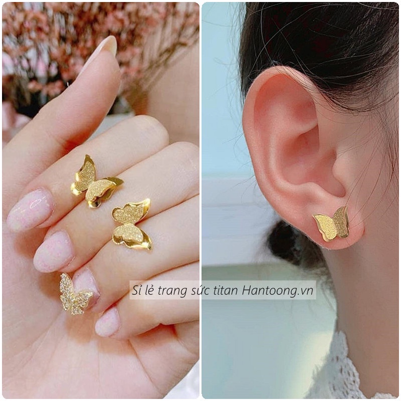 Bông Tai Titan Không Gỉ Mạ Vàng 18K Hoa Tai Titan Hình Bướm Ánh Kim Sa Lấp Lánh Xinh Xắn Thời Trang