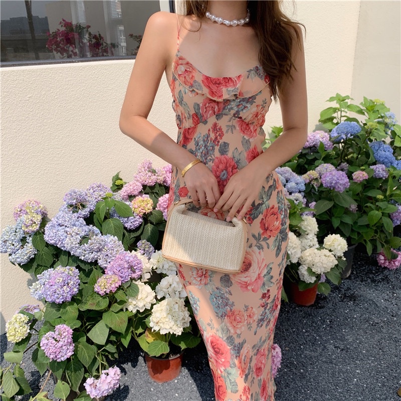 Đầm body hoa hồng dáng dài cổ điển Vintage