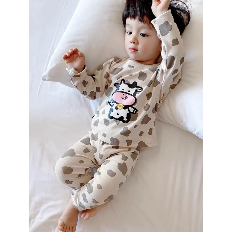 Quần áo trẻ em bộ thu đông dài tay bé trai bé gái Combo 2 bộ hình bò sữa MINKY thun lạnh mềm mại