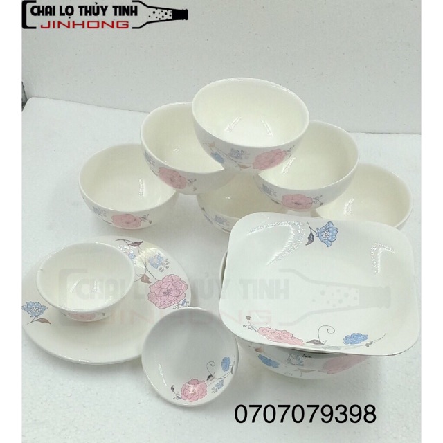 BỘ CHÉN BÁT 11 MÓN - in hoa văn nổi xanh hồng