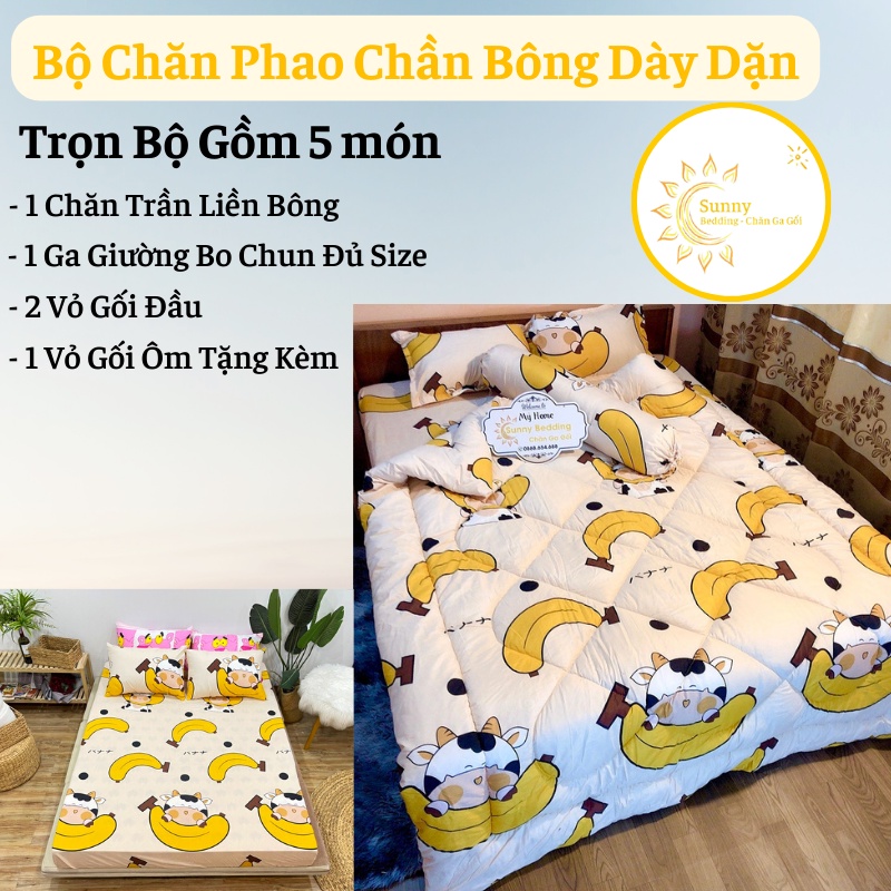 Bộ Chăn Ga Gối 5 Món, Chăn Phao Ruột Bông Dày Dặn