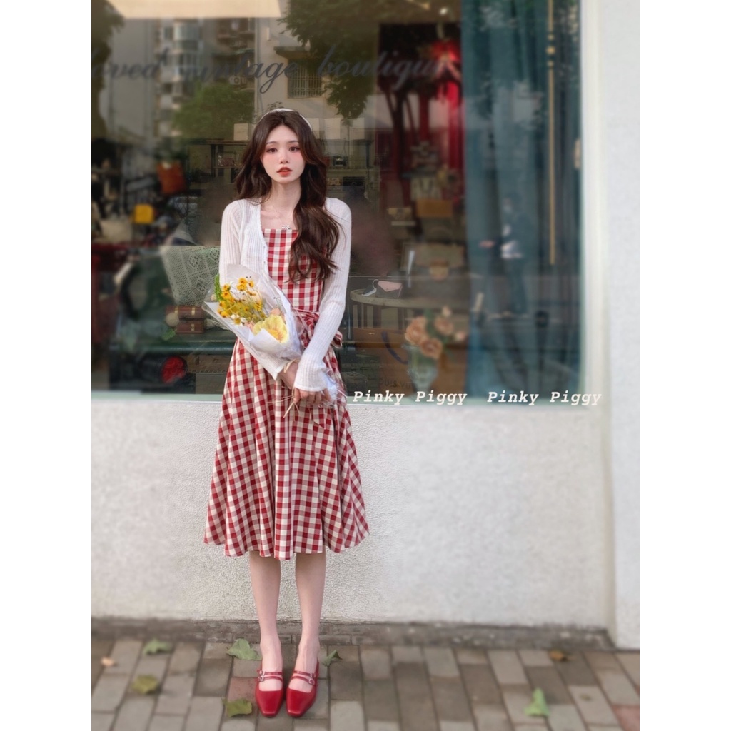 Jiashucheng Bộ Áo Cổ Búp Bê Họa Tiết Sọc Caro Phối Chân Váy Hai Dây Thời Trang Mùa Hè Cho Bạn Gái