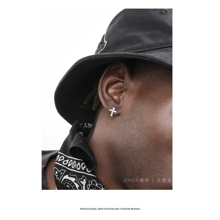 Bông Tai Mạ Bạc 925 Hình Thánh Giá Đính Đá zircon Phong Cách hip hop Cho Nam Nữ