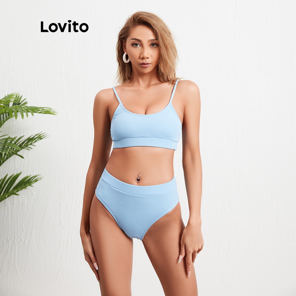 Bộ bikini Lovito màu trơn đơn giản độ co giãn cao L08080 (xanh dương nhạt) | BigBuy360 - bigbuy360.vn