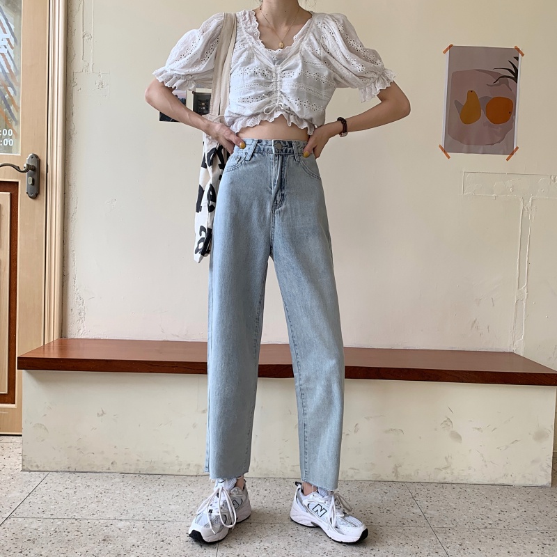 Quần jean baggy xanh SIMPLE nữ ống rộng rách gấu, dáng suông