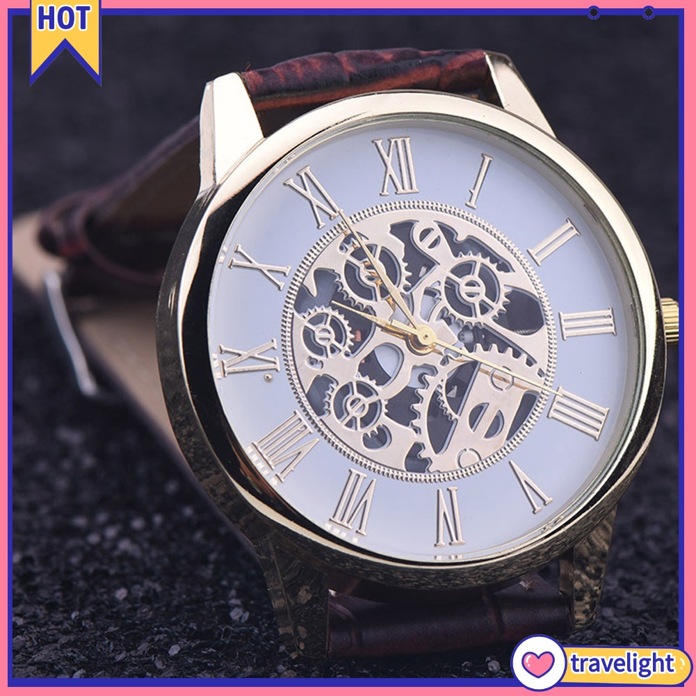 (Travelight) Đồng hồ đeo tay bộ máy quartz mặt hình tròn họa tiết cơ học rỗng dây đeo bằng da giả thời trang cho nam