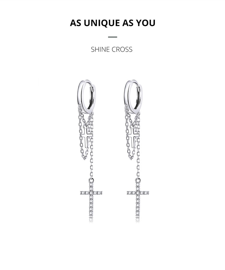 Khuyên Tai Bamoer SCE1002 Chốt Bạc 925 Dáng Dài Họa Tiết Thánh Giá Bắt Mắt Cho Phái Nữ
