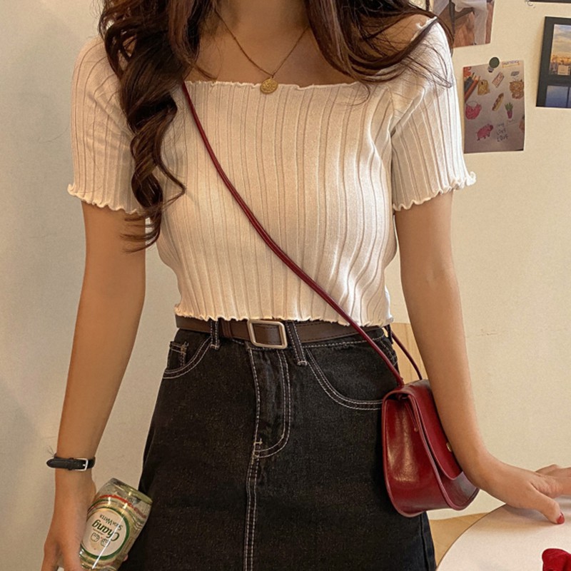 Áo croptop dệt kim trễ vai màu trơn thời trang cho nữ