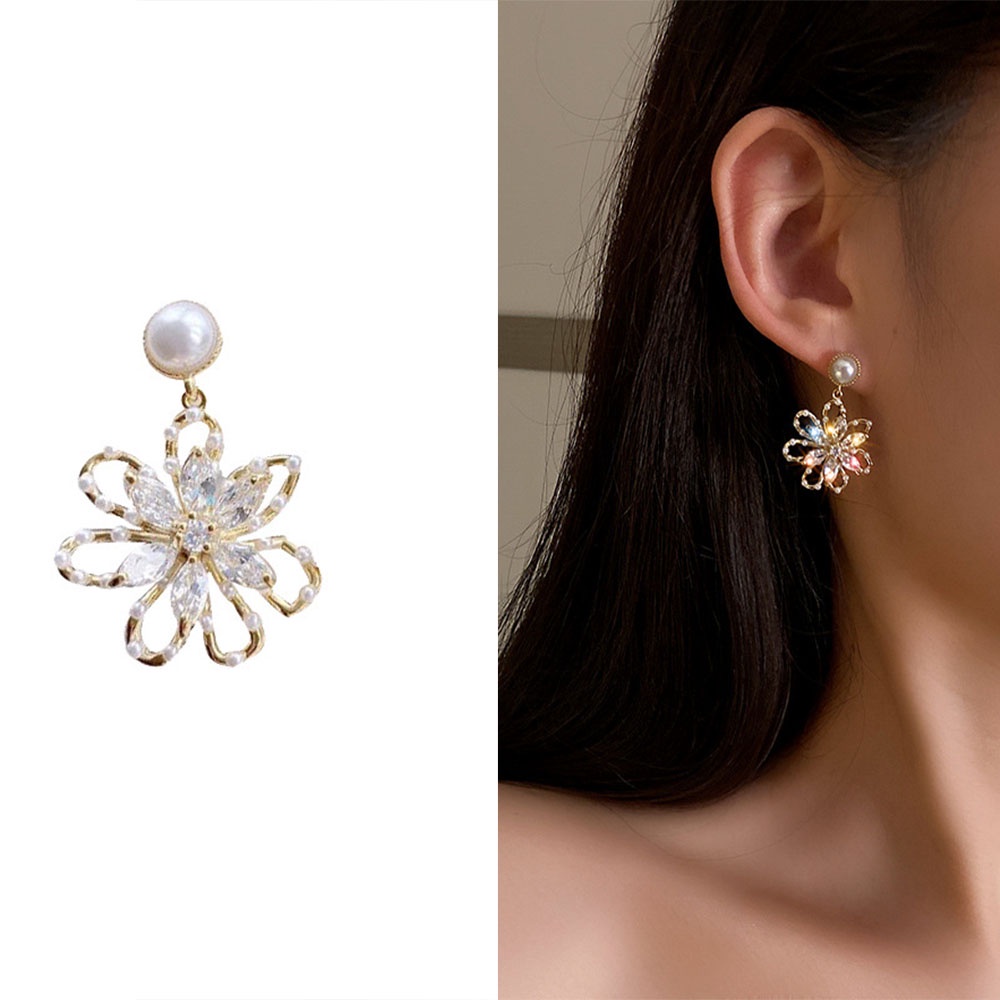 Bông Tai Hình Hoa Đính Ngọc Trai Thời Trang Dân Tộc