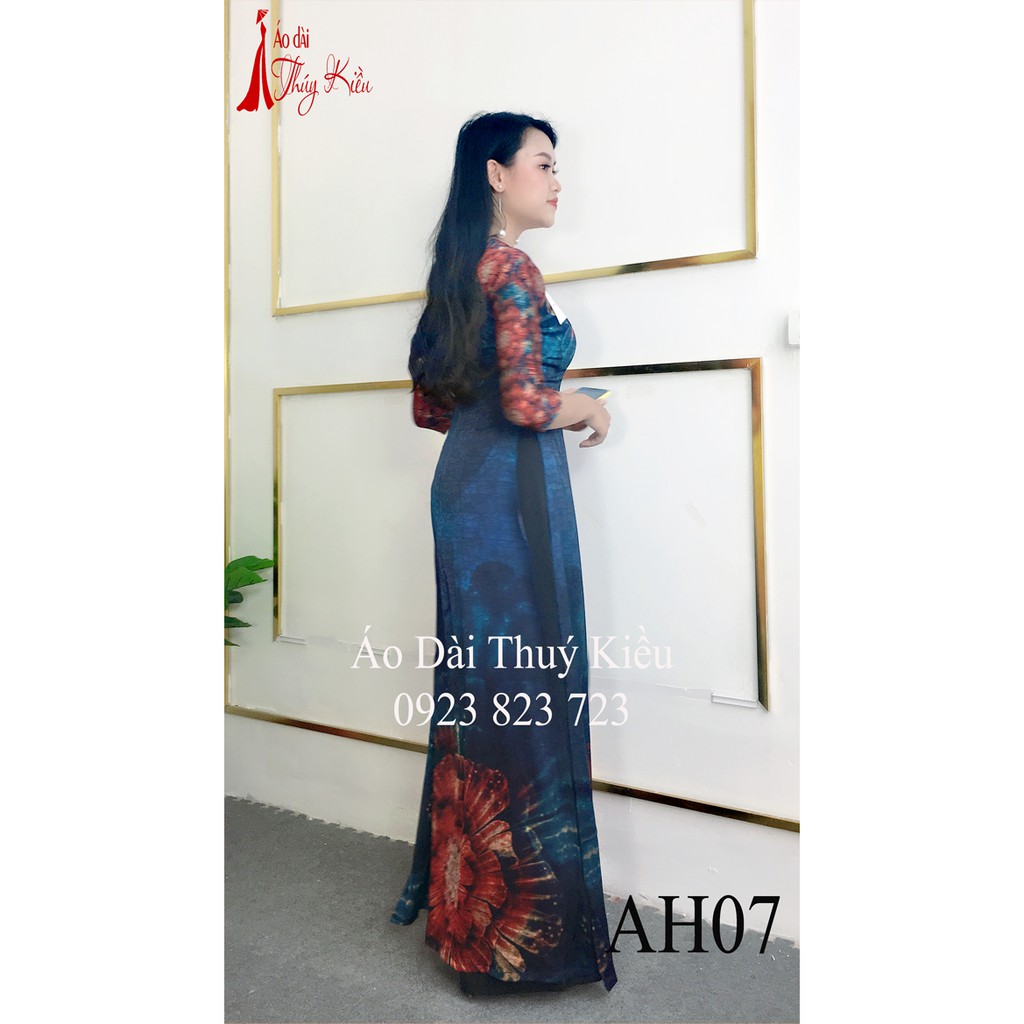 Áo dài Đông Hưng nền xanh tím than in hoa đỏ AH07