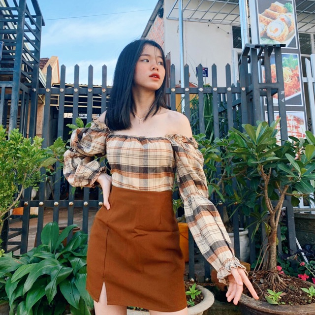 Set áo caro+ chân váy nâu