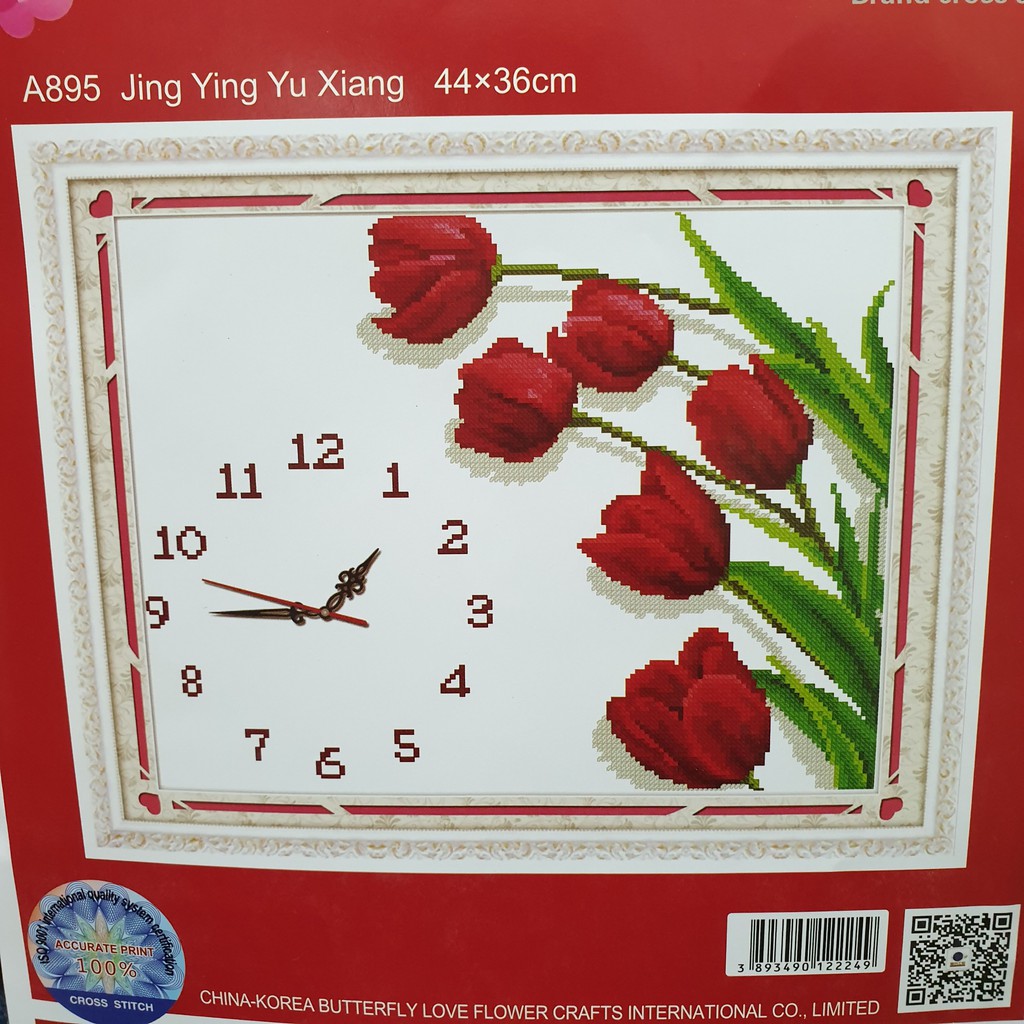 Tranh Thêu Chữ Thập ĐỒNG HỒ HOA TULIP. Kích Thước: 44cm x 36cm