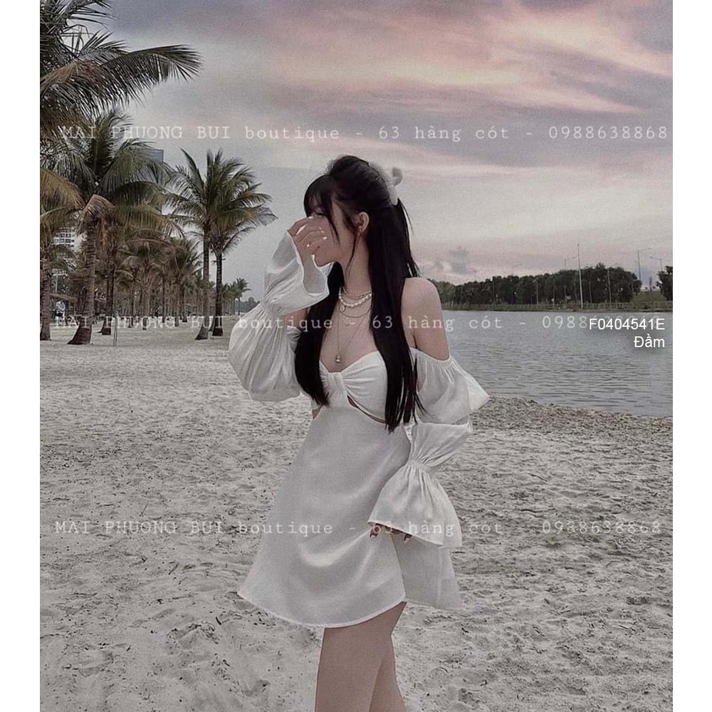 Đầm xòe tằm cúp ngực hở eo hai bên rớt vai tay dài loe bo chun!