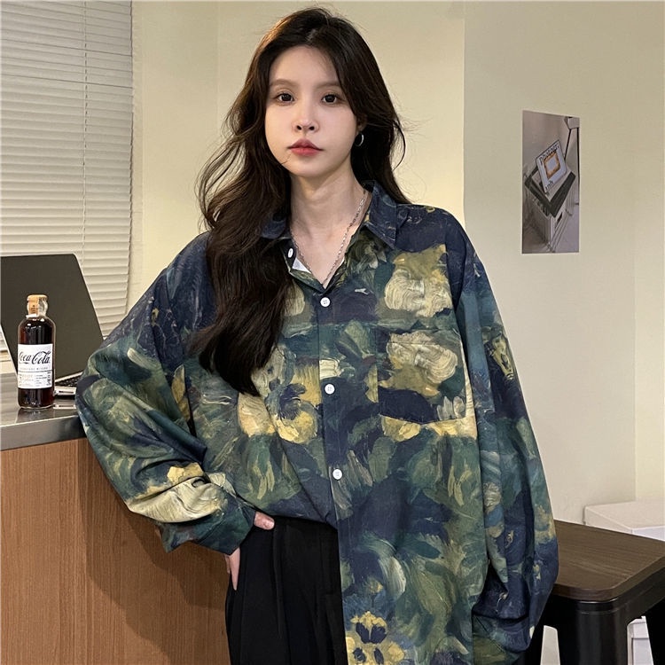 Áo Sơ Mi Dáng Rộng In Họa Tiết Màu Xanh Lá Phong Cách Mới Cho Nữ