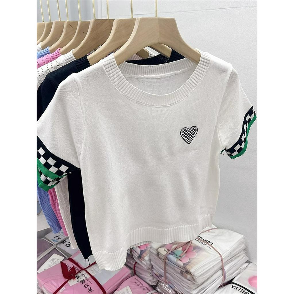 Áo Thun Tay Ngắn Cổ Tròn In Họa Tiết Kẻ Ô Thời Trang Cho Nữ