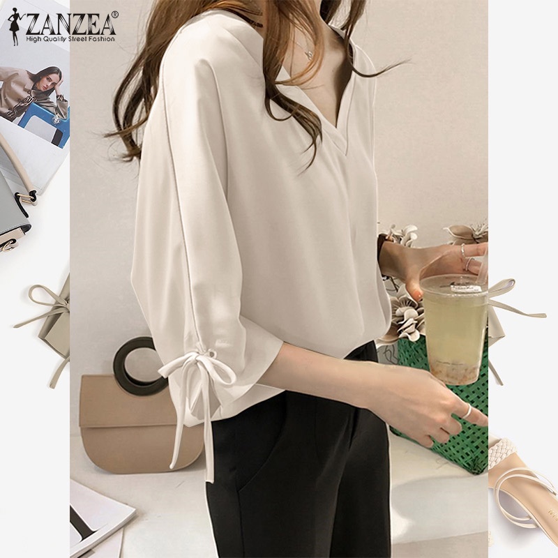 Áo ZANZEA tay 3/4 cổ chữ V màu trơn phong cách Hàn Quốc thời trang dành cho nữ