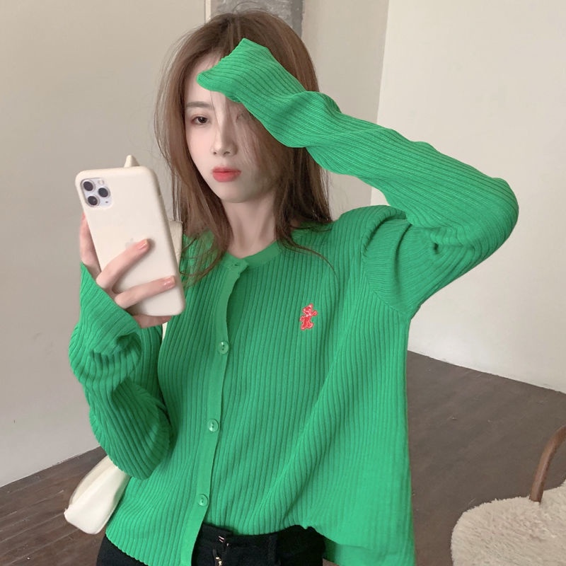 Áo khoác cardigan dệt kim mỏng tay dài thiết kế ngắn thêu hình chú gấu xinh xắn