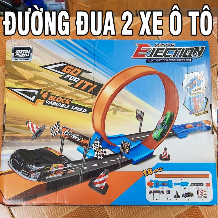 Đồ chơi đường đua lắp ghép cho trẻ em gồm 18 chi tiết bằng nhựa và 2 xe ô tô